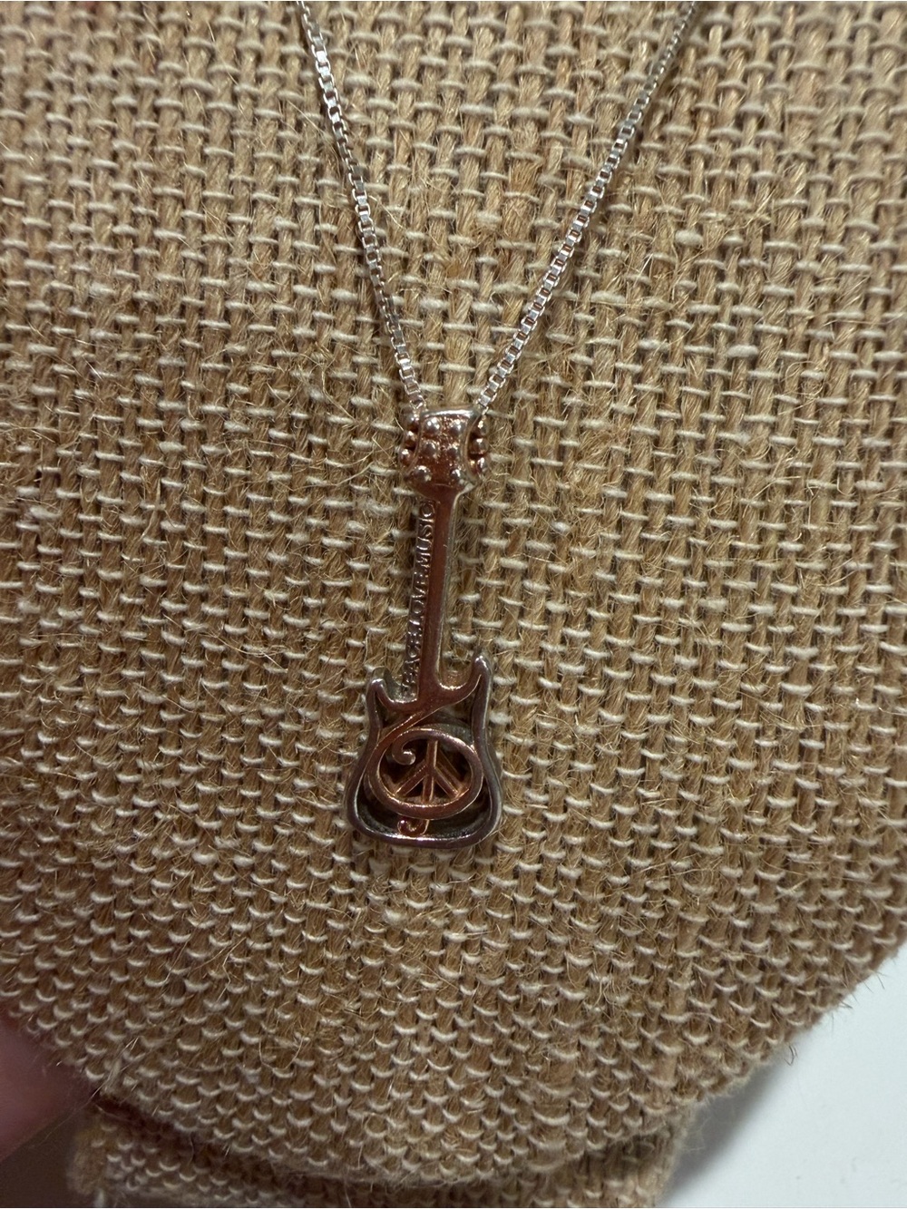 Silver Guitar Pendant Necklace with Peace Sign - “peace love music”